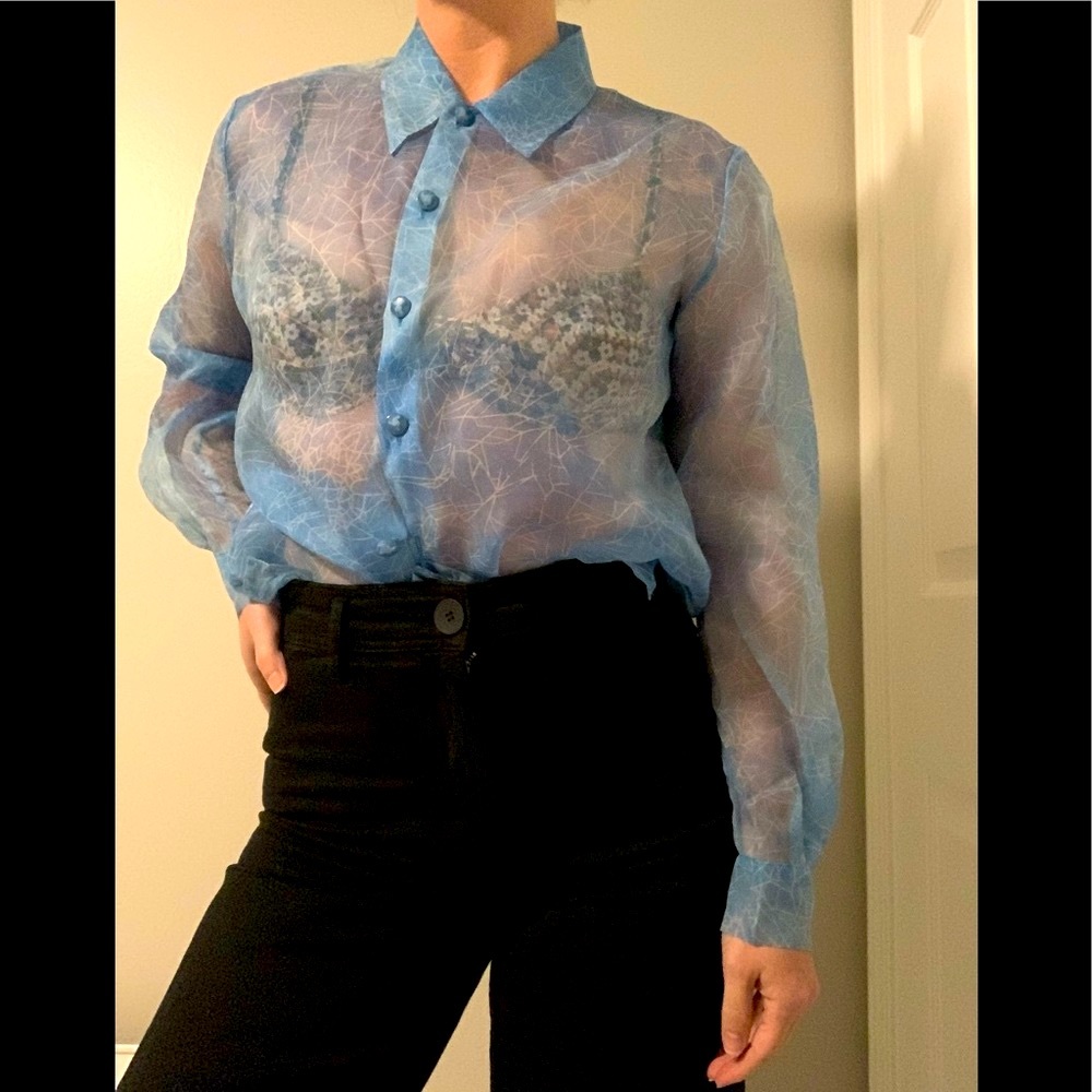 Vintage sheer silk blue button down blouse